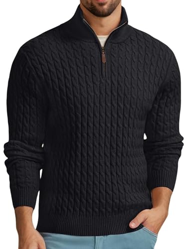 QIXING Pullover Herren Troyer mit Zopfmuster Weicher Freizeit-Strickpullover mit 1/4-Reißverschluss und gerippten Kanten Winterpullover Herren(Schwarz, XXL) von QIXING