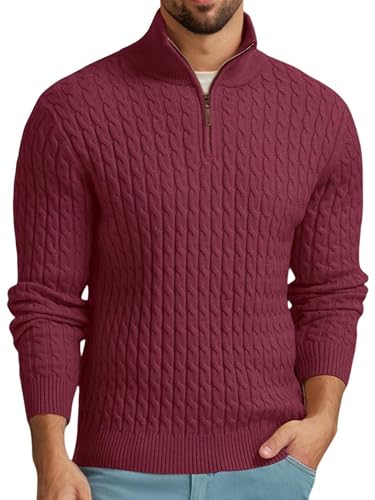QIXING Pullover Herren Troyer mit Zopfmuster Weicher Freizeit-Strickpullover mit 1/4-Reißverschluss und gerippten Kanten Winterpullover Herren(Weinrot, L) von QIXING
