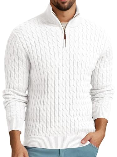 QIXING Pullover Herren Troyer mit Zopfmuster Weicher Freizeit-Strickpullover mit 1/4-Reißverschluss und gerippten Kanten Winterpullover Herren(Weiß, XXL) von QIXING