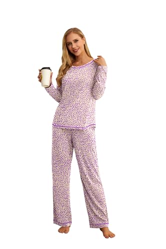 QIXING Schlafanzug Damen Lang mit Taschen Winter Pyjama Set Elastischer Bund Zweiteiliger mit Rundhals(Beige Violett-Blume, S) von QIXING