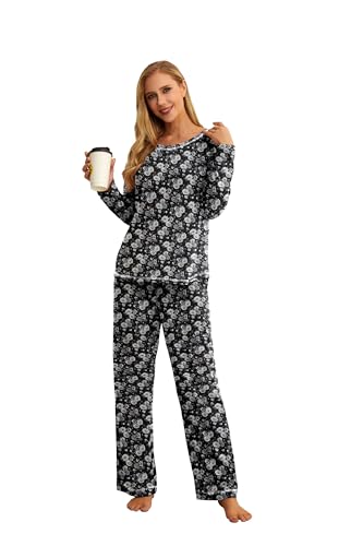 QIXING Schlafanzug Damen Lang mit Taschen Winter Pyjama Set Elastischer Bund Zweiteiliger mit Rundhals(Schwarz Silber-Rose, S) von QIXING