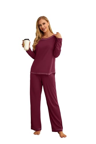 QIXING Schlafanzug Damen Lang mit Taschen Winter Pyjama Set Elastischer Bund Zweiteiliger mit Rundhals(Weinrot, XL) von QIXING