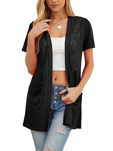 QIXING Sommer Damen Leichte Kurzarm Strickjacke Atmungsaktiv Frühling Herbst Cardigan (Schwarz, S) von QIXING