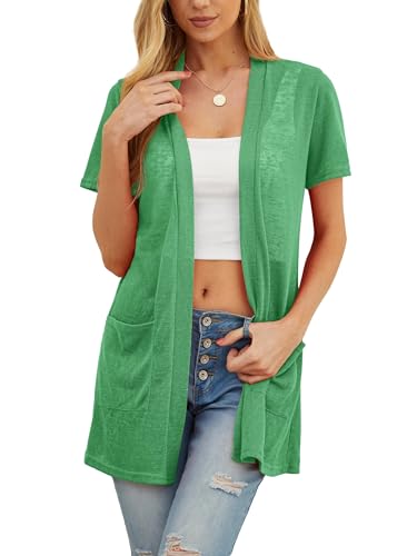 QIXING Sommer Damen Leichte Kurzarm Strickjacke Strickjacke für Damen Atmungsaktiv Frühling Herbst Cardigan Damen(Grün, M) von QIXING