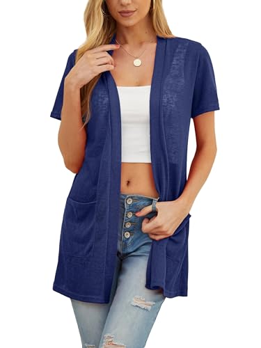 QIXING Sommer Damen Leichte Kurzarm Strickjacke Atmungsaktiv Frühling Herbst Cardigan Damen (Marineblau, XL) von QIXING