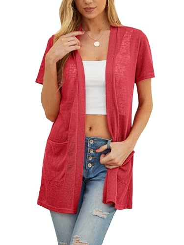 QIXING Sommer Damen Leichte Kurzarm Strickjacke Strickjacke für Damen Atmungsaktiv Frühling Herbst Cardigan Damen(Rot, XL) von QIXING