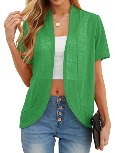 QIXING Sommer Damen Leichte Kurzarm Strickjacke Strickjacke für Damen Atmungsaktiv und Sonnenschutz Frühling Herbst Cardigan Damen(A Grün, XXL) von QIXING