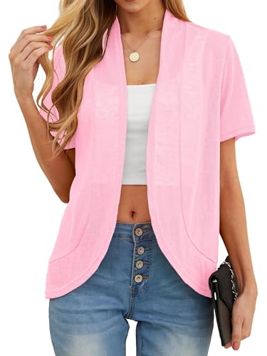 QIXING Sommer Damen Leichte Kurzarm Strickjacke Strickjacke für Damen Atmungsaktiv und Sonnenschutz Frühling Herbst Cardigan Damen(A Rosa, XXL) von QIXING