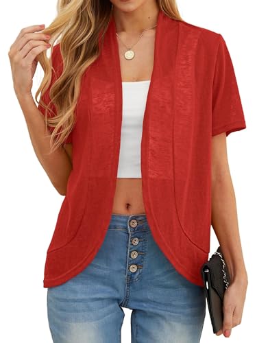 QIXING Sommer Damen Leichte Kurzarm Strickjacke Strickjacke für Damen Atmungsaktiv und Sonnenschutz Frühling Herbst Cardigan Damen(A Rot, S) von QIXING