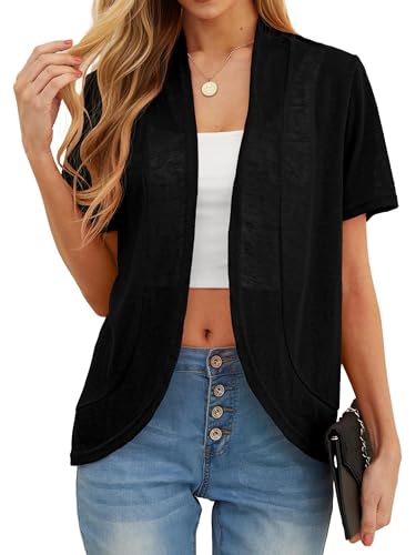 QIXING Sommer Damen Leichte Kurzarm Strickjacke Strickjacke für Damen Atmungsaktiv und Sonnenschutz Frühling Herbst Cardigan Damen(A Schwarz, S) von QIXING