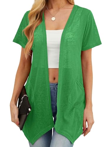 QIXING Sommer Damen Leichte Kurzarm Strickjacke Strickjacke für Damen Atmungsaktiv und Sonnenschutz Frühling Herbst Cardigan Damen(B Grün, XL) von QIXING