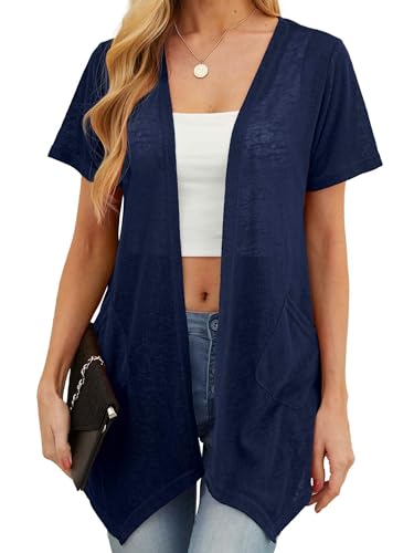 QIXING Sommer Damen Leichte Kurzarm Strickjacke Strickjacke für Damen Atmungsaktiv und Sonnenschutz Frühling Herbst Cardigan Damen(B Marineblau, XXL) von QIXING