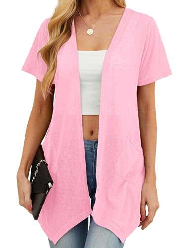 QIXING Sommer Damen Leichte Kurzarm Strickjacke Strickjacke für Damen Atmungsaktiv und Sonnenschutz Frühling Herbst Cardigan Damen(B Rosa, XXL) von QIXING