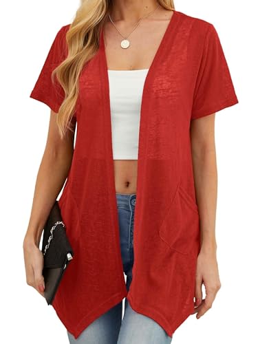 QIXING Sommer Damen Leichte Kurzarm Strickjacke Atmungsaktiv und Sonnenschutz Frühling Herbst Cardigan (B Rot, XXL) von QIXING