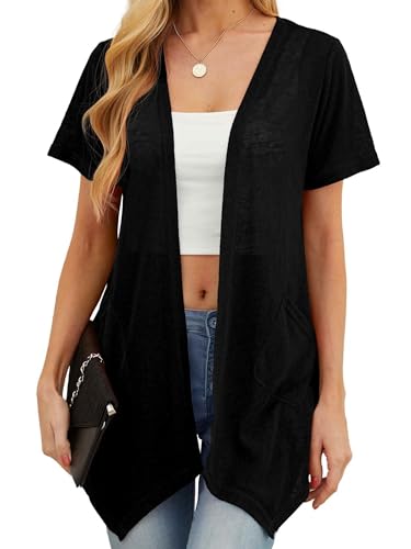 QIXING Sommer Damen Leichte Kurzarm Strickjacke Strickjacke für Damen Atmungsaktiv und Sonnenschutz Frühling Herbst Cardigan Damen(B Schwarz, XL) von QIXING