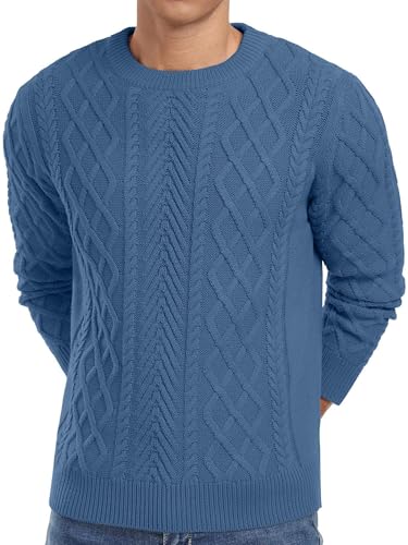 QIXING Strickpullover Herren Zopfmuster Pullover Pulli Herren Rundhals Langarm Casual Sweater mit Geripptem Saum（Blau, S von QIXING