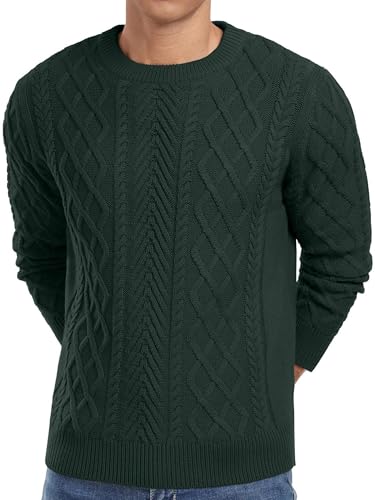 QIXING Strickpullover Herren Zopfmuster Pullover Pulli Herren Rundhals Langarm Casual Sweater mit Geripptem Saum（Dunkelgrün, XXL von QIXING
