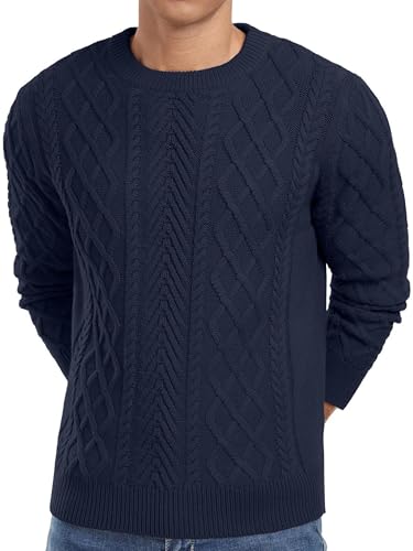 QIXING Strickpullover Herren Zopfmuster Pullover Pulli Herren Rundhals Langarm Casual Sweater mit Geripptem Saum（Marineblau, L von QIXING