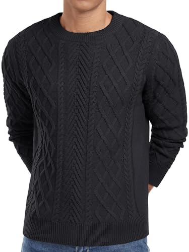QIXING Strickpullover Herren Zopfmuster Pullover Pulli Herren Rundhals Langarm Casual Sweater mit Geripptem Saum（Schwarz, S von QIXING