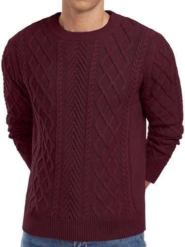QIXING Strickpullover Herren Zopfmuster Pullover Pulli Herren Rundhals Langarm Casual Sweater mit Geripptem Saum（Weinrot, XL von QIXING