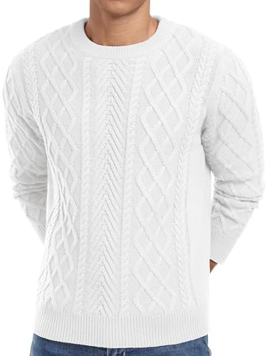 QIXING Strickpullover Herren Zopfmuster Pullover Pulli Herren Rundhals Langarm Casual Sweater mit Geripptem Saum（Weiß, XXL von QIXING