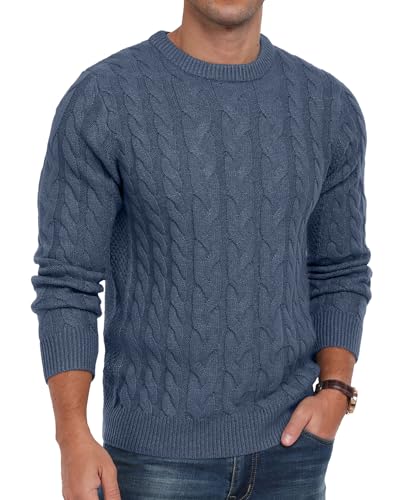 QIXING Strickpullover Herren Zopfmuster Pullover Rundhals Lässiger Langarm Grobstrick Sweater Pulli mit Rippenbündchen (C Denim-Blau, S) von QIXING