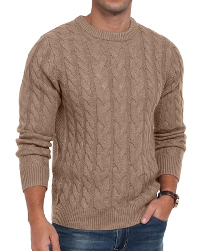QIXING Strickpullover Herren Zopfmuster Pullover Rundhals Lässiger Langarm Grobstrick Sweater Pulli mit Rippenbündchen (C Khaki, L) von QIXING