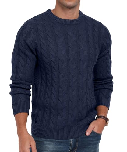 QIXING Strickpullover Herren Zopfmuster Pullover Rundhals Lässiger Langarm Grobstrick Sweater Pulli mit Rippenbündchen (C Marineblau, L) von QIXING
