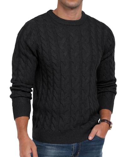 QIXING Strickpullover Herren Zopfmuster Pullover Rundhals Lässiger Langarm Grobstrick Sweater Pulli mit Rippenbündchen (C Schwarz, XL) von QIXING