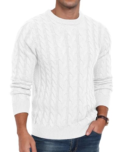 QIXING Strickpullover Herren Zopfmuster Pullover Rundhals Lässiger Langarm Grobstrick Sweater Pulli mit Rippenbündchen (C Weiß, S) von QIXING