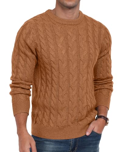 QIXING Strickpullover Herren Zopfmuster Pullover Rundhals Lässiger Langarm Grobstrick Sweater Pulli mit Rippenbündchen (VG Braun, L) von QIXING