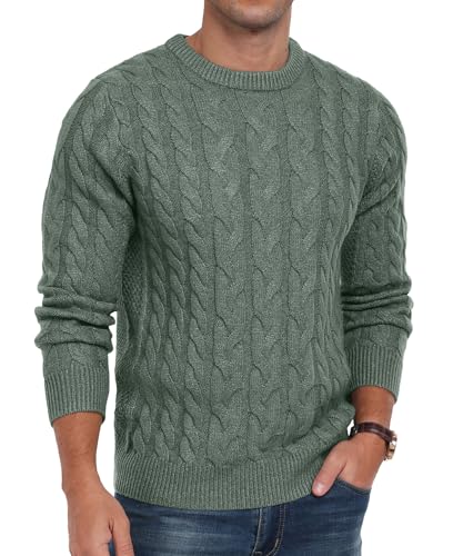 QIXING Strickpullover Herren Zopfmuster Pullover Rundhals Lässiger Langarm Grobstrick Sweater Pulli mit Rippenbündchen (VG Grün, XXL) von QIXING