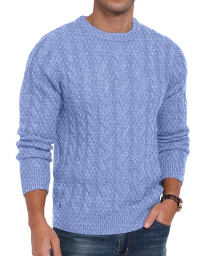 QIXING Strickpullover Herren Zopfmuster Pullover Rundhals Lässiger Langarm Grobstrick Sweater Pulli mit Rippenbündchen (VG Himmelblau, S) von QIXING