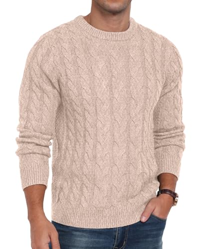 QIXING Strickpullover Herren Zopfmuster Pullover Rundhals Lässiger Langarm Grobstrick Sweater Pulli mit Rippenbündchen (VG Khaki, S) von QIXING