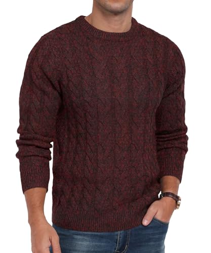 QIXING Strickpullover Herren Zopfmuster Pullover Rundhals Lässiger Langarm Grobstrick Sweater Pulli mit Rippenbündchen (VG Weinrot, XXL) von QIXING