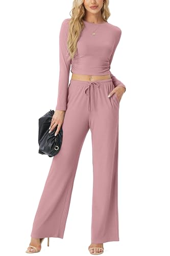 QIXING Trainingsanzug Damen Langarm Rundhalsausschnitt Hausanzug Weites Bein Hochgeschnittene Jogginghose Loungewear Set Jogginganzug (Mauve, XL) von QIXING