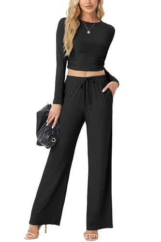QIXING Trainingsanzug Damen Set Langarm Rundhalsausschnitt Hausanzug Damen Weites Bein Hochgeschnittene Jogginghose Loungewear Damen Set Jogginganzug Damen Set(01 Schwarz, XL) von QIXING