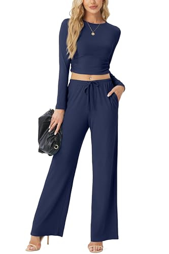QIXING Trainingsanzug Damen Set Langarm Rundhalsausschnitt Hausanzug Damen Weites Bein Hochgeschnittene Jogginghose Loungewear Damen Set Jogginganzug Damen Set(Marineblau, XXL) von QIXING