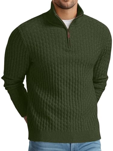 QIXING Troyer Herren Pullover mit Zopfmuster und Waffelmuster - Weicher Freizeit-Strickpullover mit 1/4-Reißverschluss und gerippten Kanten Pulli Herren (Armee Grün, M) von QIXING