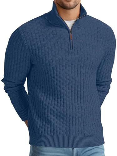 QIXING Troyer Herren Pullover mit Zopfmuster und Waffelmuster - Weicher Freizeit-Strickpullover mit 1/4-Reißverschluss und gerippten Kanten Pulli Herren (Blau, L) von QIXING