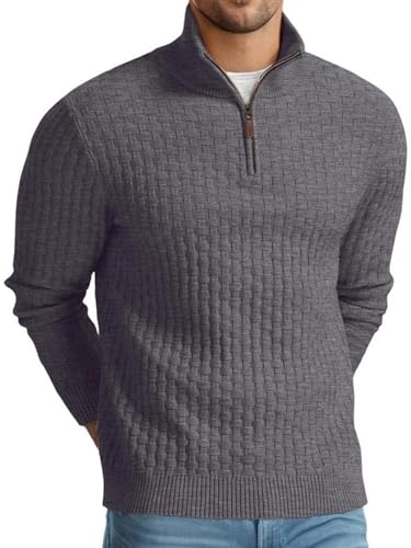 QIXING Troyer Herren Pullover mit Zopfmuster und Waffelmuster - Weicher Freizeit-Strickpullover mit 1/4-Reißverschluss und gerippten Kanten Pulli Herren (Dunkelgrau, XXL) von QIXING