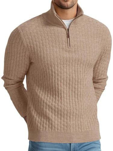QIXING Troyer Herren Pullover mit Zopfmuster und Waffelmuster - Weicher Freizeit-Strickpullover mit 1/4-Reißverschluss und gerippten Kanten Pulli Herren (Khaki, L) von QIXING