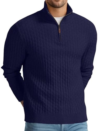 QIXING Troyer Herren Pullover mit Zopfmuster und Waffelmuster - Weicher Freizeit-Strickpullover mit 1/4-Reißverschluss und gerippten Kanten Pulli Herren (Marineblau, XXL) von QIXING
