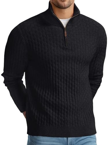 QIXING Troyer Herren Pullover mit Zopfmuster und Waffelmuster - Weicher Freizeit-Strickpullover mit 1/4-Reißverschluss und gerippten Kanten Pulli Herren (Schwarz, XL) von QIXING