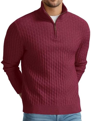 QIXING Troyer Herren Pullover mit Zopfmuster und Waffelmuster - Weicher Freizeit-Strickpullover mit 1/4-Reißverschluss und gerippten Kanten Pulli Herren (Weinrot, XXL) von QIXING