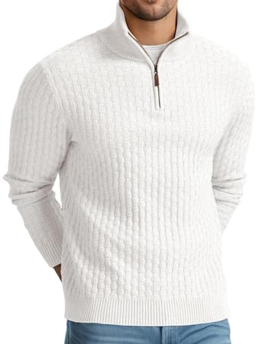 QIXING Troyer Herren Pullover mit Zopfmuster und Waffelmuster - Weicher Freizeit-Strickpullover mit 1/4-Reißverschluss und gerippten Kanten Pulli Herren (Weiß, M) von QIXING