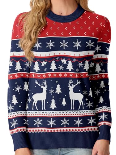 QIXING Weihnachtspullover Damen Rundhals Langarm Strickpullover Damen Christmas Pulli Sweater Lange Ärmel Pullover (Rot-Dunkelblaues Rentier & Weihnachtsbaum, S) von QIXING