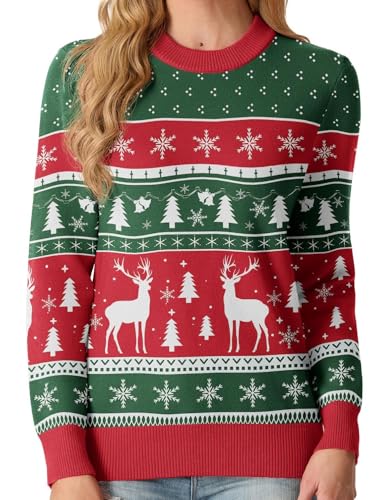 QIXING Weihnachtspullover Damen Rundhals Langarm Strickpullover Damen Christmas Pulli Sweater Lange Ärmel Pullover (Rot-Grün Rentier & Weihnachtsbaum, L) von QIXING