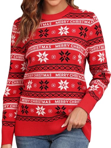 QIXING Weihnachtspullover Damen Rundhals Langarm Strickpullover Damen Christmas Pulli Sweater Lange Ärmel Pullover (Rot Schneeflocke, M) von QIXING