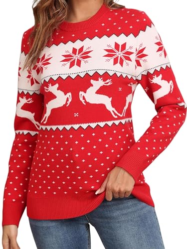 QIXING Weihnachtspullover Damen Rundhals Langarm Strickpullover Damen Christmas Pulli Sweater Lange Ärmel Pullover (Rot Schneeflocke & Rentier, M) von QIXING